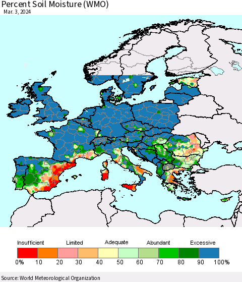 Europe Percent Soil Moisture (WMO) Thematic Map For 2/26/2024 - 3/3/2024