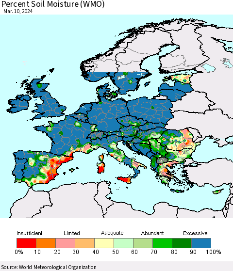 Europe Percent Soil Moisture (WMO) Thematic Map For 3/4/2024 - 3/10/2024