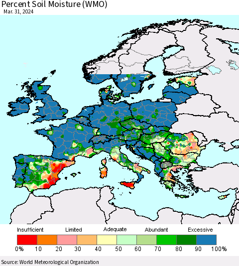 Europe Percent Soil Moisture (WMO) Thematic Map For 3/25/2024 - 3/31/2024