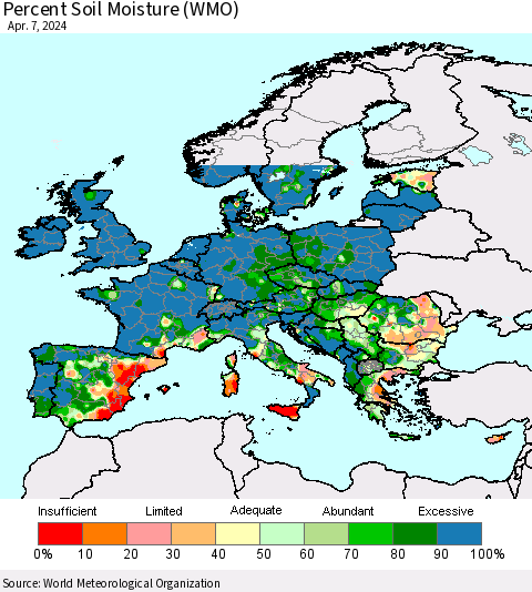 Europe Percent Soil Moisture (WMO) Thematic Map For 4/1/2024 - 4/7/2024