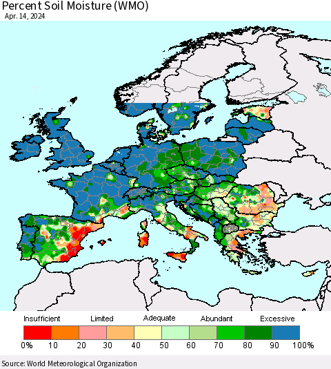 Europe Percent Soil Moisture (WMO) Thematic Map For 4/8/2024 - 4/14/2024