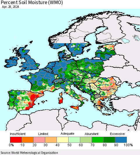 Europe Percent Soil Moisture (WMO) Thematic Map For 4/22/2024 - 4/28/2024
