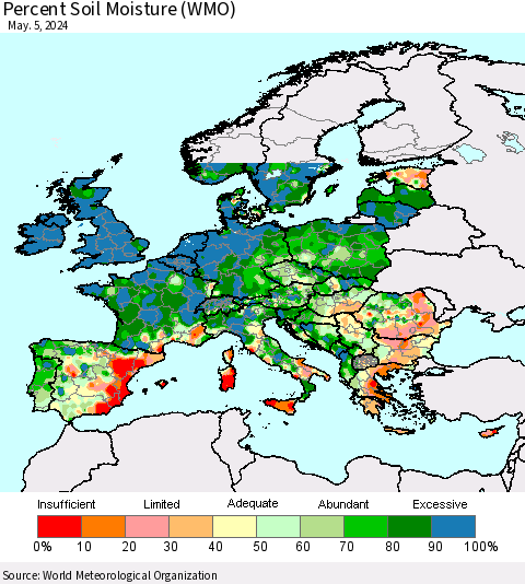 Europe Percent Soil Moisture (WMO) Thematic Map For 4/29/2024 - 5/5/2024