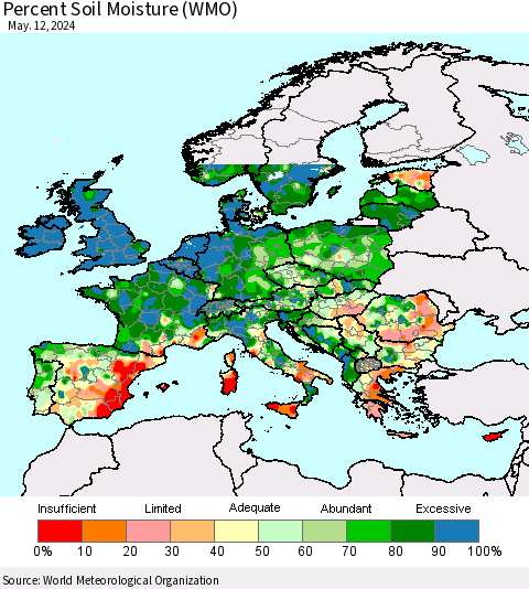 Europe Percent Soil Moisture (WMO) Thematic Map For 5/6/2024 - 5/12/2024