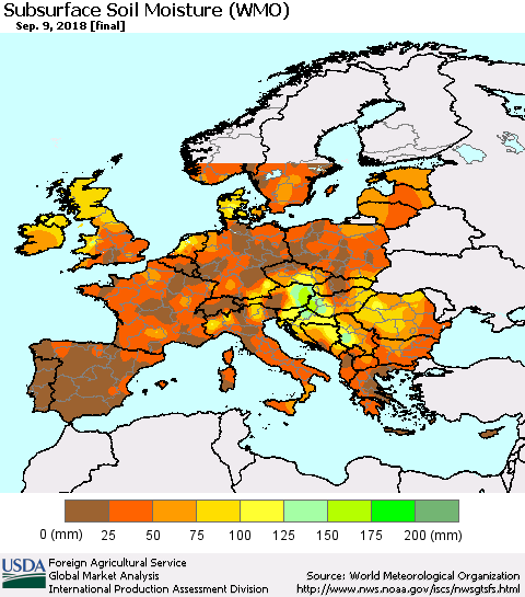 Europe Subsurface Soil Moisture (WMO) Thematic Map For 9/3/2018 - 9/9/2018