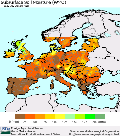 Europe Subsurface Soil Moisture (WMO) Thematic Map For 9/24/2018 - 9/30/2018