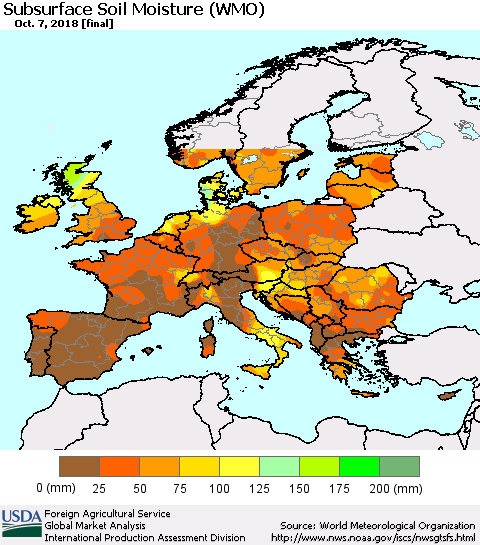 Europe Subsurface Soil Moisture (WMO) Thematic Map For 10/1/2018 - 10/7/2018