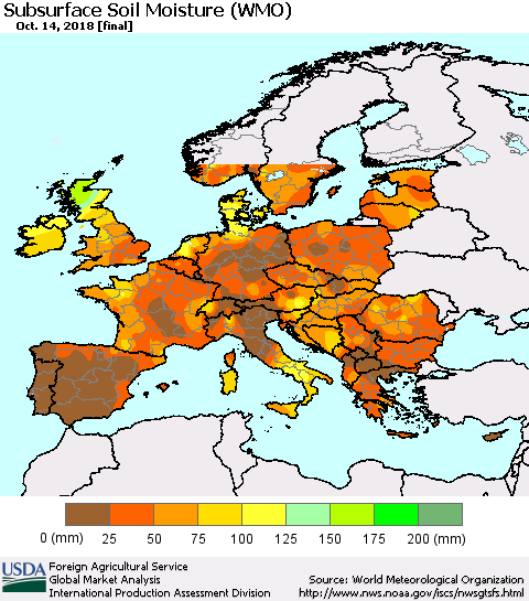 Europe Subsurface Soil Moisture (WMO) Thematic Map For 10/8/2018 - 10/14/2018