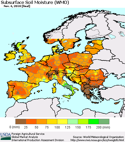 Europe Subsurface Soil Moisture (WMO) Thematic Map For 10/29/2018 - 11/4/2018