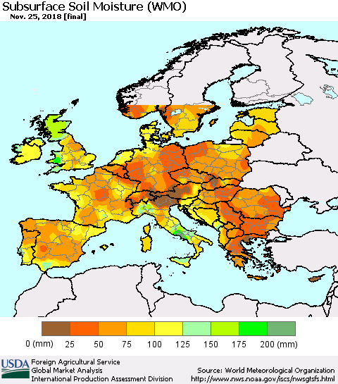 Europe Subsurface Soil Moisture (WMO) Thematic Map For 11/19/2018 - 11/25/2018