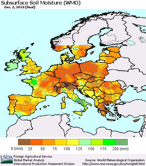 Europe Subsurface Soil Moisture (WMO) Thematic Map For 11/26/2018 - 12/2/2018