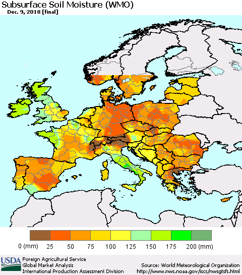 Europe Subsurface Soil Moisture (WMO) Thematic Map For 12/3/2018 - 12/9/2018