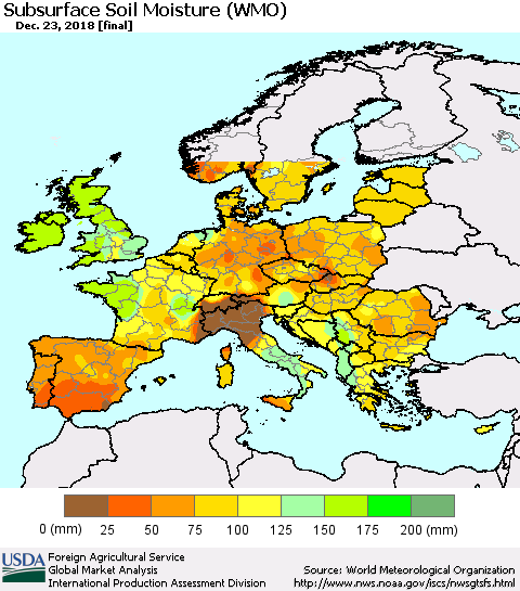 Europe Subsurface Soil Moisture (WMO) Thematic Map For 12/17/2018 - 12/23/2018