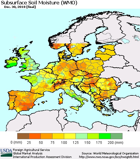 Europe Subsurface Soil Moisture (WMO) Thematic Map For 12/24/2018 - 12/30/2018