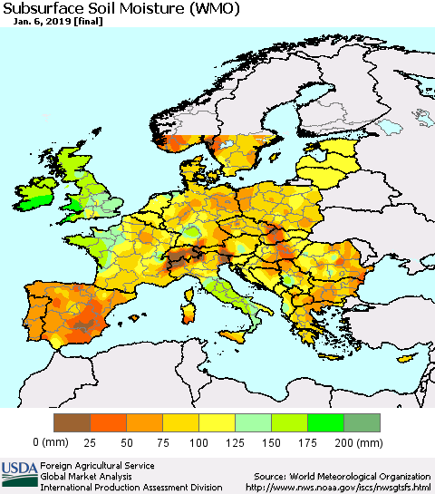 Europe Subsurface Soil Moisture (WMO) Thematic Map For 12/31/2018 - 1/6/2019