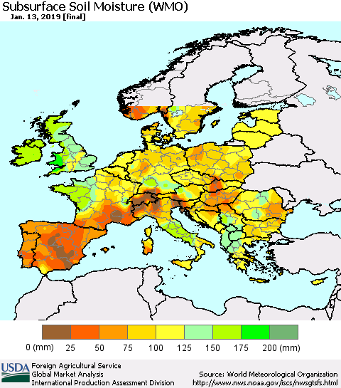 Europe Subsurface Soil Moisture (WMO) Thematic Map For 1/7/2019 - 1/13/2019