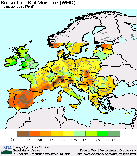 Europe Subsurface Soil Moisture (WMO) Thematic Map For 1/14/2019 - 1/20/2019