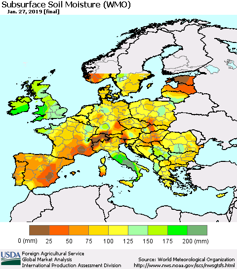 Europe Subsurface Soil Moisture (WMO) Thematic Map For 1/21/2019 - 1/27/2019