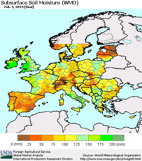 Europe Subsurface Soil Moisture (WMO) Thematic Map For 1/28/2019 - 2/3/2019