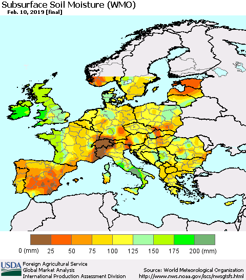 Europe Subsurface Soil Moisture (WMO) Thematic Map For 2/4/2019 - 2/10/2019