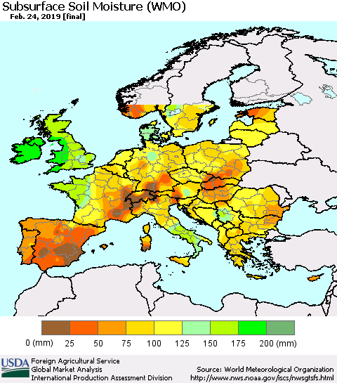 Europe Subsurface Soil Moisture (WMO) Thematic Map For 2/18/2019 - 2/24/2019