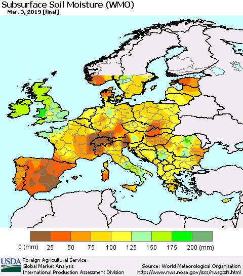 Europe Subsurface Soil Moisture (WMO) Thematic Map For 2/25/2019 - 3/3/2019