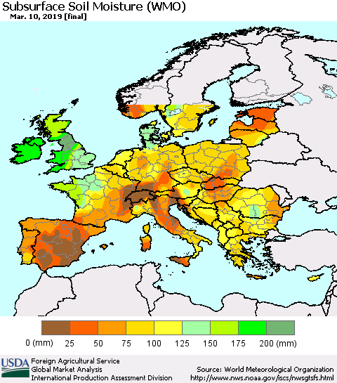 Europe Subsurface Soil Moisture (WMO) Thematic Map For 3/4/2019 - 3/10/2019