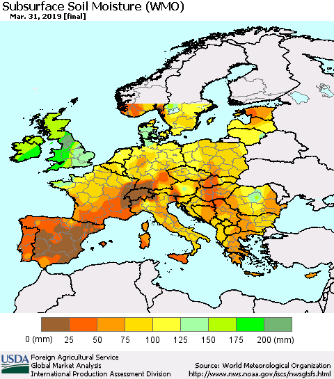 Europe Subsurface Soil Moisture (WMO) Thematic Map For 3/25/2019 - 3/31/2019