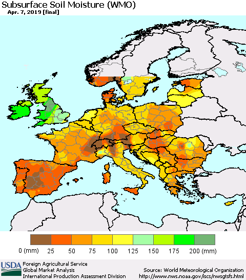 Europe Subsurface Soil Moisture (WMO) Thematic Map For 4/1/2019 - 4/7/2019