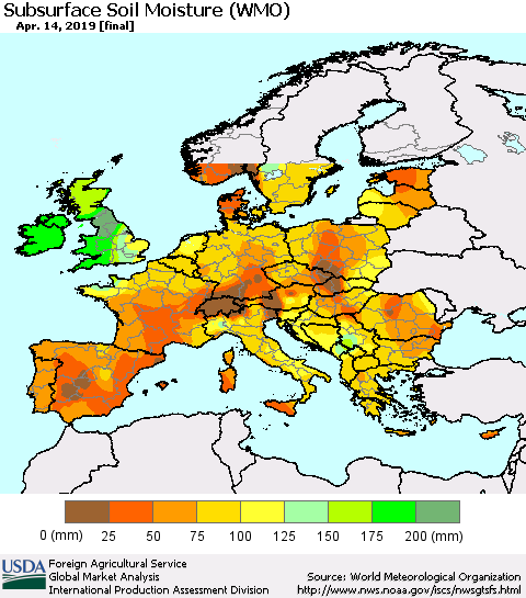 Europe Subsurface Soil Moisture (WMO) Thematic Map For 4/8/2019 - 4/14/2019