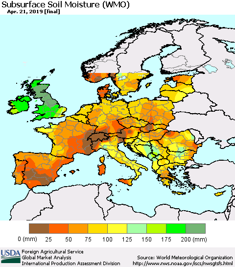 Europe Subsurface Soil Moisture (WMO) Thematic Map For 4/15/2019 - 4/21/2019