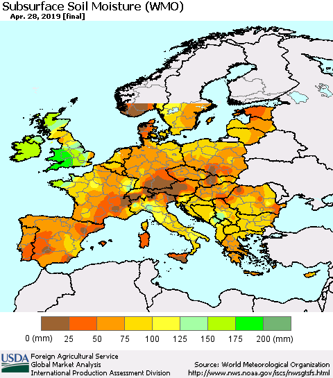 Europe Subsurface Soil Moisture (WMO) Thematic Map For 4/22/2019 - 4/28/2019