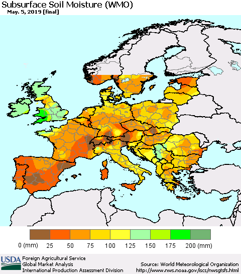 Europe Subsurface Soil Moisture (WMO) Thematic Map For 4/29/2019 - 5/5/2019