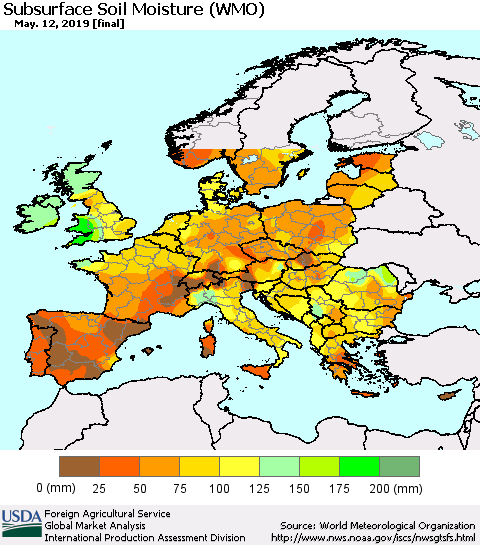 Europe Subsurface Soil Moisture (WMO) Thematic Map For 5/6/2019 - 5/12/2019