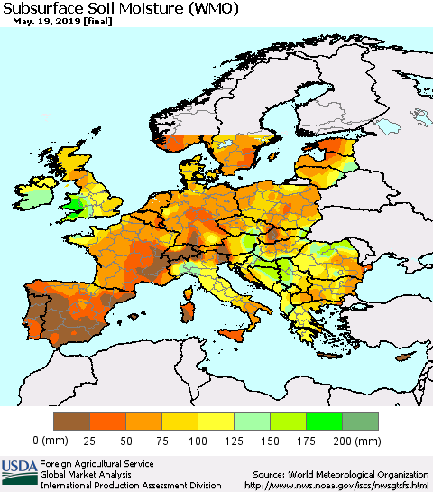 Europe Subsurface Soil Moisture (WMO) Thematic Map For 5/13/2019 - 5/19/2019