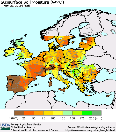Europe Subsurface Soil Moisture (WMO) Thematic Map For 5/20/2019 - 5/26/2019