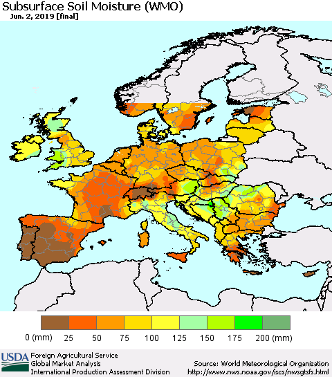 Europe Subsurface Soil Moisture (WMO) Thematic Map For 5/27/2019 - 6/2/2019
