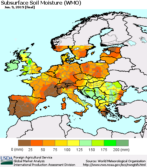 Europe Subsurface Soil Moisture (WMO) Thematic Map For 6/3/2019 - 6/9/2019