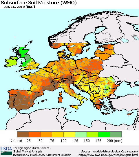 Europe Subsurface Soil Moisture (WMO) Thematic Map For 6/10/2019 - 6/16/2019