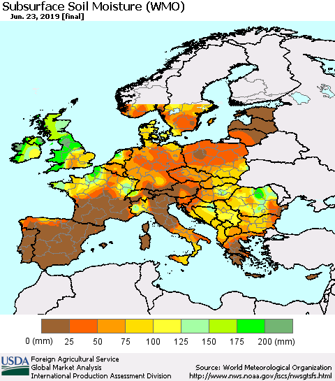 Europe Subsurface Soil Moisture (WMO) Thematic Map For 6/17/2019 - 6/23/2019