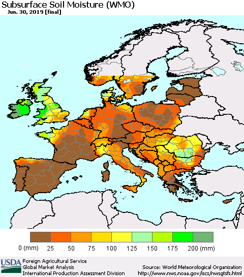 Europe Subsurface Soil Moisture (WMO) Thematic Map For 6/24/2019 - 6/30/2019