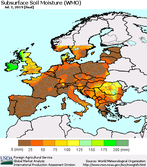Europe Subsurface Soil Moisture (WMO) Thematic Map For 7/1/2019 - 7/7/2019