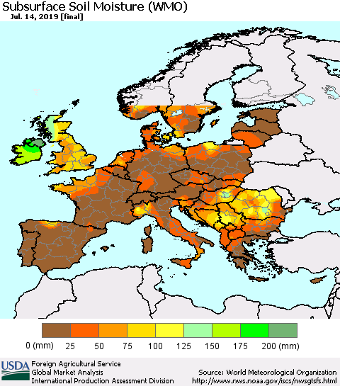 Europe Subsurface Soil Moisture (WMO) Thematic Map For 7/8/2019 - 7/14/2019
