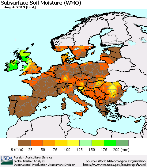 Europe Subsurface Soil Moisture (WMO) Thematic Map For 7/29/2019 - 8/4/2019