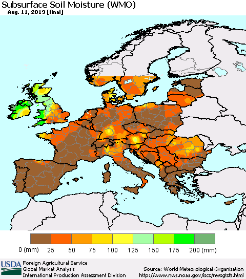 Europe Subsurface Soil Moisture (WMO) Thematic Map For 8/5/2019 - 8/11/2019