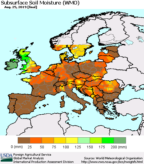 Europe Subsurface Soil Moisture (WMO) Thematic Map For 8/19/2019 - 8/25/2019