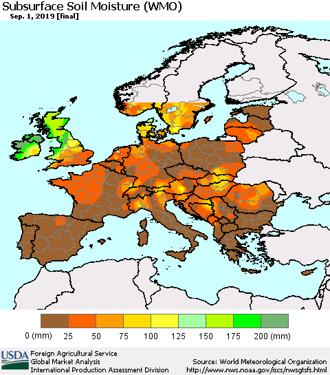 Europe Subsurface Soil Moisture (WMO) Thematic Map For 8/26/2019 - 9/1/2019