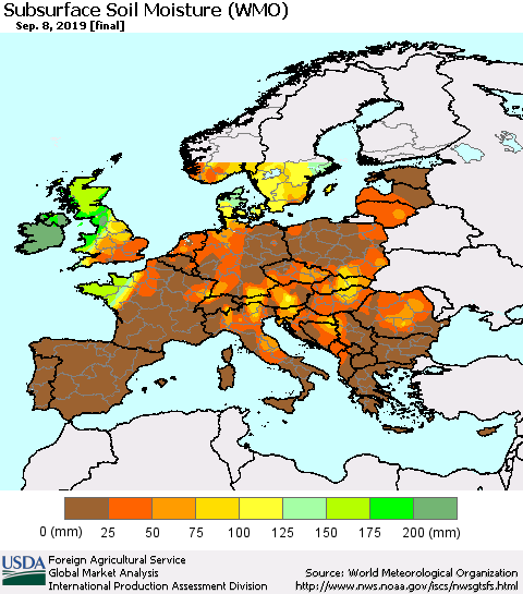 Europe Subsurface Soil Moisture (WMO) Thematic Map For 9/2/2019 - 9/8/2019
