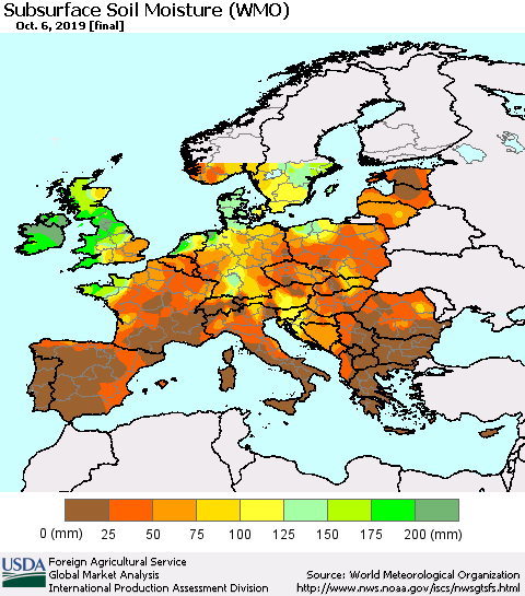 Europe Subsurface Soil Moisture (WMO) Thematic Map For 9/30/2019 - 10/6/2019