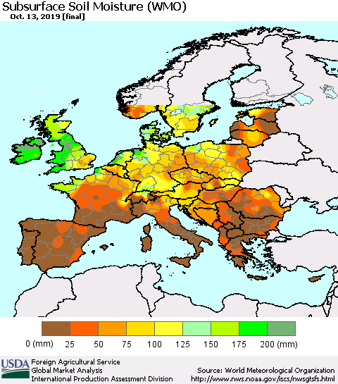 Europe Subsurface Soil Moisture (WMO) Thematic Map For 10/7/2019 - 10/13/2019